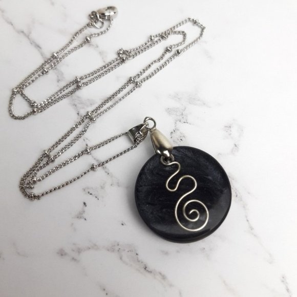 Handmade Pendant Necklace Charcoal Black Floating Swirl Metallic Shimmer Pendant - Picture 4 of 8